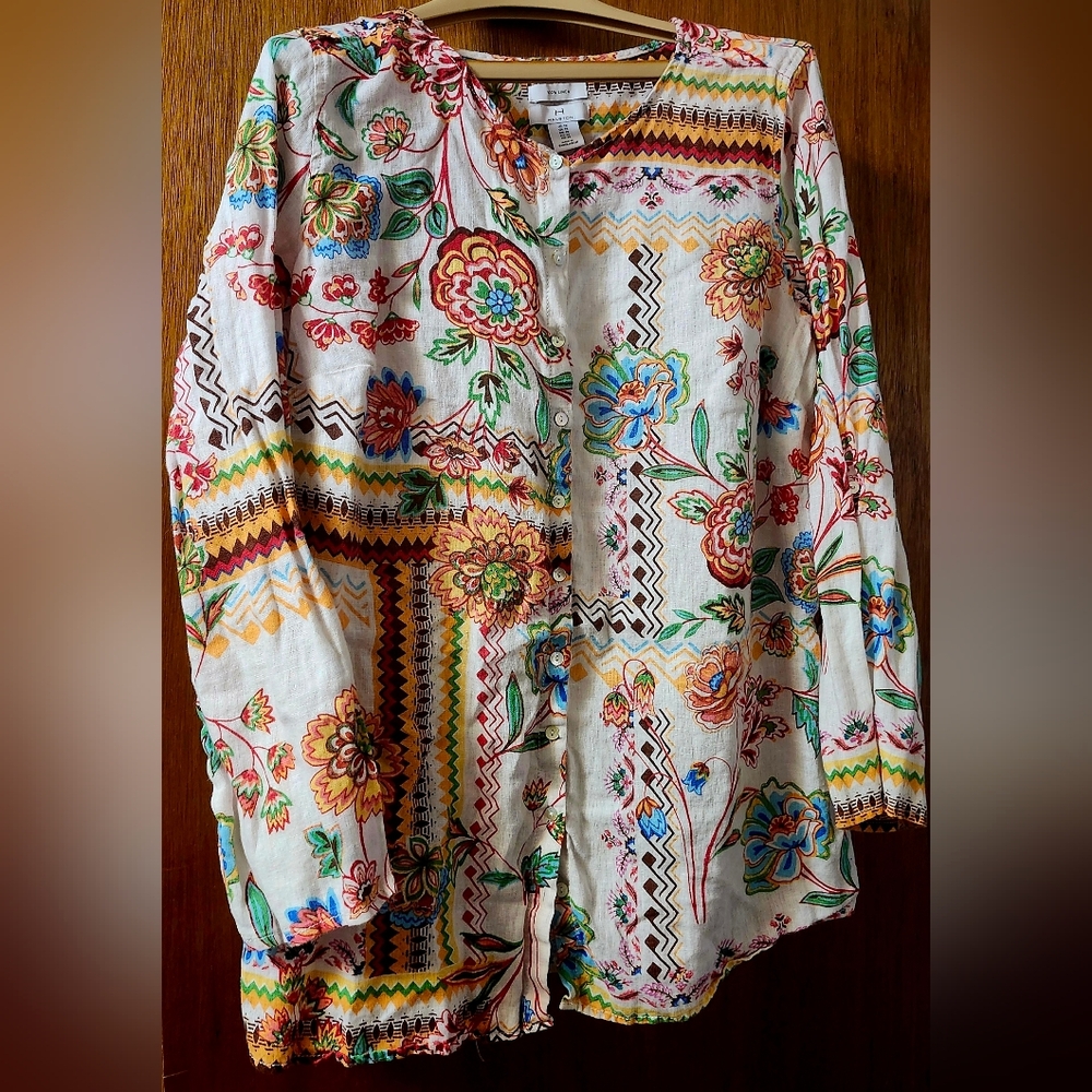 Halston Heritage Multicolor 100% Linen Floral Button-Up Blouse